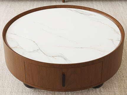 Round Coffee Table With Ball Feet, Pull Handle Storage Drawer - Bouguer Walnut / Brown