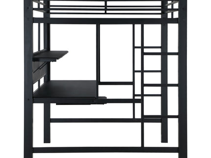 Ranier - Full Workstation Loft Bed, Full Length Desk, Safety Rails And Storage Shelves - Black
