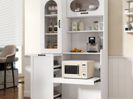 Tall Freestanding Kitchen Pantry Cabinet With Arched Glass Door