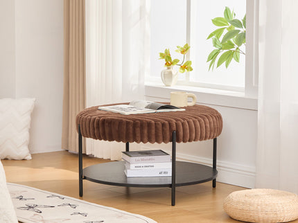 Modern Upholstered Round Ottoman Coffee Table With Storage Shelf