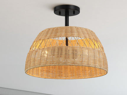 Twinkle - Double Lights Semi Flush With Shade - Black / Rattan