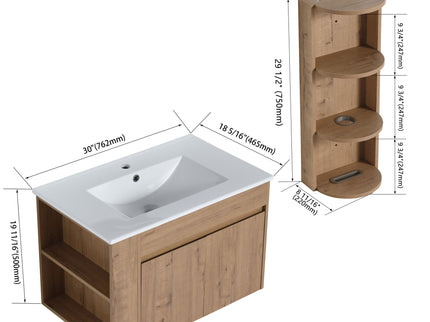 Modern Wall Mounted Bathroom Vanity With Sink And Storage Rack Soft Close Doors Plywood - Imitative Oak