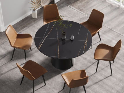 Round Modern Artificial Stone Carbon Steel Base Dining Table, Can Accommodate 6 People - Black