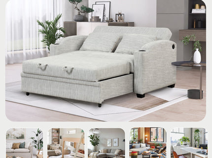 Pull Out Loveseat Sofa With Adjsutable Backrest, 2 Pillows, Cup Holders, USB Ports For Living Room