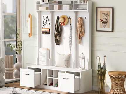 5 In 1 Entryway Bench With Coat Rack, 7 Sturdy Hooks, 2 Spacious Drawers And Adjustable Shelves