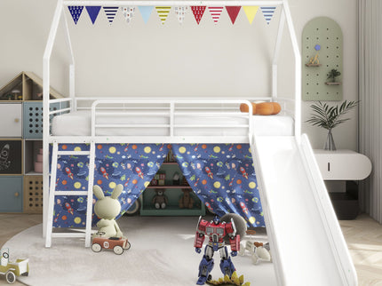 Jack - House Loft Bed With Slide And Curtain Set