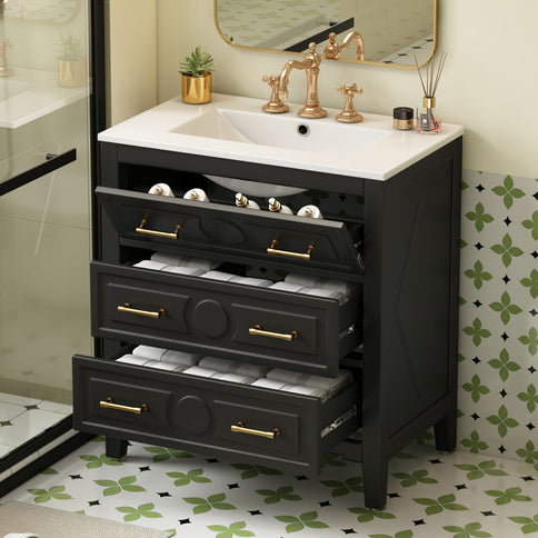 Retro Bathroom Vanity With Sink Combo, Free Standing Single Set With 3 Drawers