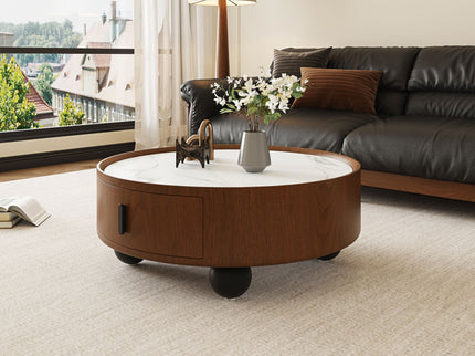 Round Coffee Table With Ball Feet, Pull Handle Storage Drawer - Bouguer Walnut / Brown