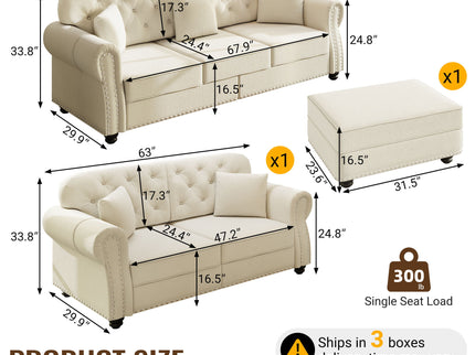 Upholstered Sofa Set With Nailhead Trim And Rolled Armrests, Includes Pillows