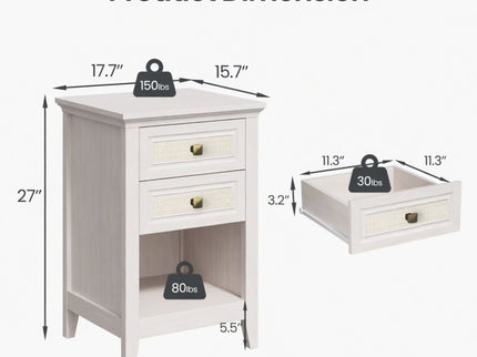 Nightstand With 2 Drawers & Shelf - White