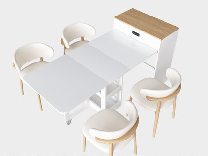 Extendable Dining Table With Power Socket, Lockable Casters, Storage Cabinet
