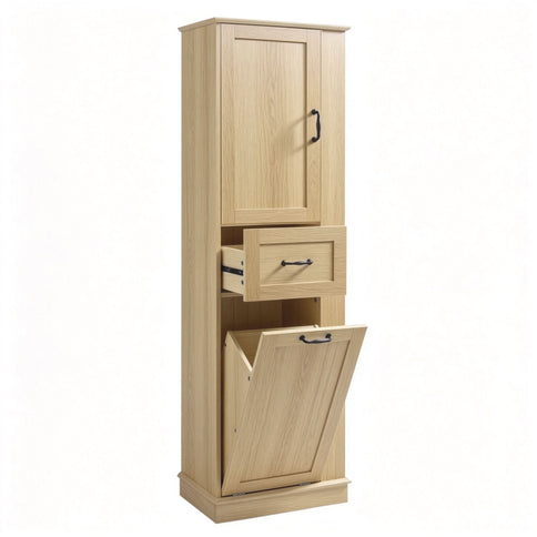 Tall Storage Cabinet With Tilt Out Compartment, Adjustable Shelves, Soft Close Hinges - Natural