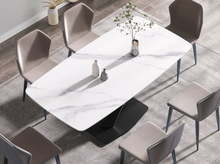70.87" Modern Artificial Stone White Curved Black Metal Leg Dining Table, Can Accommodate 6-8 People - White / Black