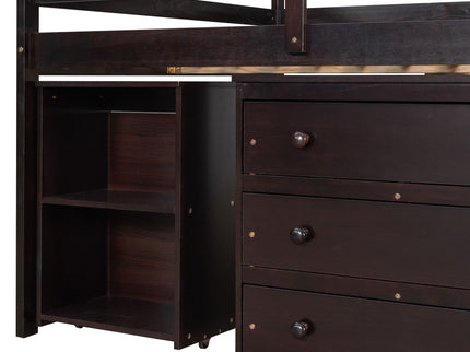 Loft Low Study Bed With Cabinet, Shelves And Rolling Portable Desk, Multiple Functions