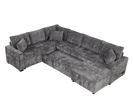 Sectional Sofa Pull-Out Sofa Bed Sleeper With A Storage Ottoman, Three Pillows And Charging Devices For Living Room