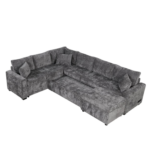 Sectional Sofa Pull-Out Sofa Bed Sleeper With A Storage Ottoman, Three Pillows And Charging Devices For Living Room