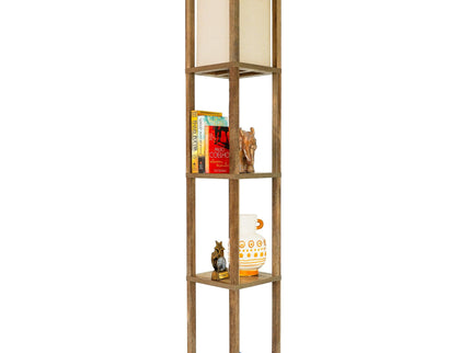 Pinnacle - Shelf Floor Lamp For Bedroom / Living Room, Long Shade - Natural Wood / White