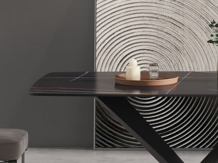 70.87" Modern Artificial Stone Black Curved Black Metal Leg Dining Table, Can Accommodate 6-8 People - Black