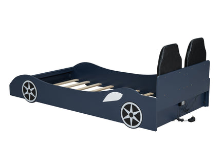 Race Car Shaped Platform Bed With LED And Upholstered Backrest In