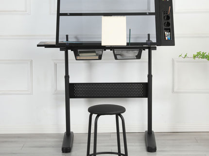 Hand Crank Adjustable Drafting Table Drawing Desk With 2 Metal Drawers With Stool