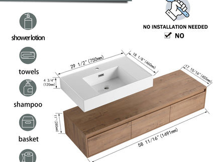 Modern Wall Mounted Bathroom Vanity With Resin Sink And Soft Close Drawer