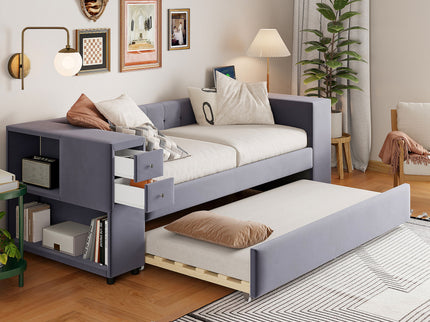 Upholstered Bed With Storage And Twin Trundle, USB Charging Ports