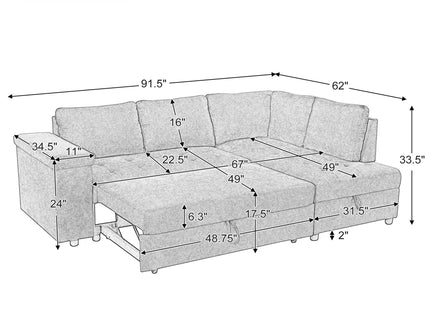 L Shaped Couch With Pull Out Bed And Storage Sectional Sleeper Sofa With Hidden Storage, Wide Armrest With Storage, For Living Room, Apartment, Bedroom, Office