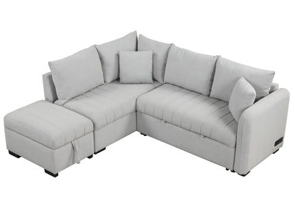 L-Shaped Sectional Pull Out Sofa Bed Sleeper Sofa With Two USB Ports, Two Power Sockets And A Movable Storage Ottoman