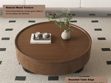 Round Coffee Table With Storage Drawer And Ball Feet - Walnut / Black