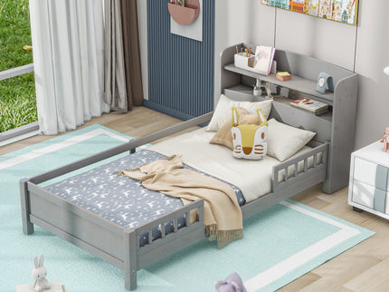 Wood Platform Bed With Built In LED Light, Storage Headboard And Guardrail