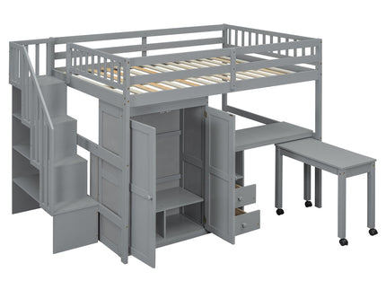 Loft Bed With Stairs, Bookshelf, Drawers, Desk & Wardrobe, Space Saving Multifunctional Furniture