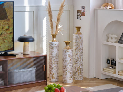 Floor Metal Vases Decorated Metal Vases (Set of 3) Gorgeous Home Decoration Large Glazed Metal Vases - White / Gold