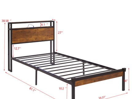 Platform Bed Frame With Wooden Headboard And Footboard, USB Liner