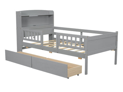 Platform Bed With LED Light, Multi Functional Headboard, Guardrail And 2 Drawers