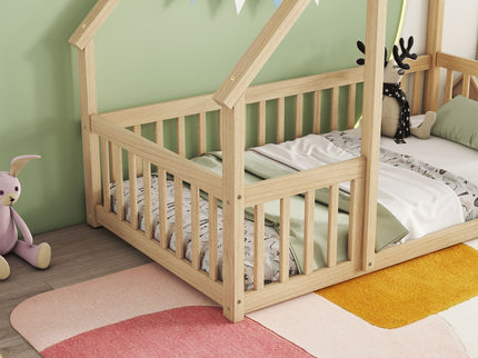 Wood House-Shaped Floor Bed With Fence, Guardrails
