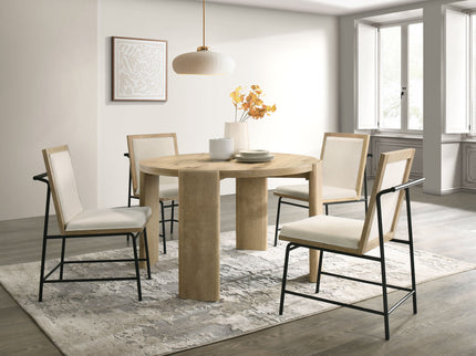 Bowen - Round Dining Table With Cream Color Upholstered Chairs (Set of 5) - Oak Finish