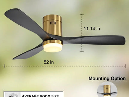 Flush Mount Ceiling Fan With 3 Solid Wood Blades Remote Control Reversible DC Motor For Living Room - Gold