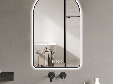 Arched LED Vanity Mirror With Time & Temperature Display, Anti-Fog, Dimmable Backlight In Frame, 3 Color Temperatures