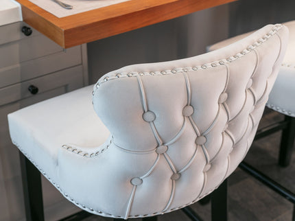 Contemporary Upholstered Wing-Back Barstools With Button Tufted Decoration And Wooden Legs, And Nailhead Trim, Leisure Style Bar Chairs, Bar Stools (Set of 2)