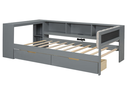 Upholstered Headboard Platform Bed With Storage Shelves, Drawers, Charging Station
