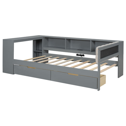 Upholstered Headboard Platform Bed With Storage Shelves, Drawers, Charging Station