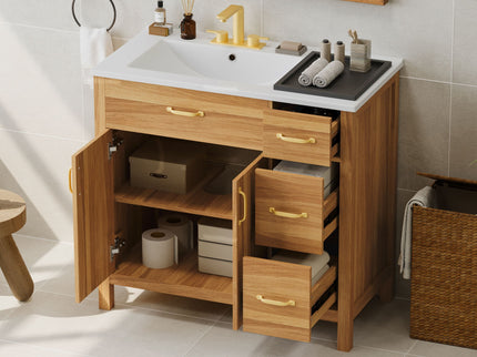 Bathroom Vanity, 2 Soft Close Doors, 3 Soft Close Drawers, Adjustable Shelf - Wood