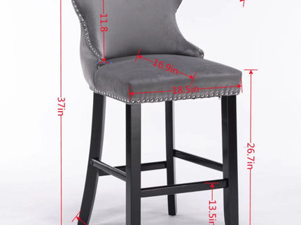 Contemporary Upholstered Wing-Back Barstools With Button Tufted Decoration And Wooden Legs, And Nailhead Trim, Leisure Style Bar Chairs, Bar Stools (Set of 2)