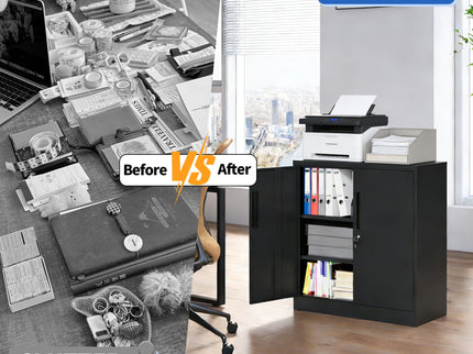 Heavy Duty Storage Cabinet With Lock, 2 Door File Cabinet With 2 Adjustable Shelves - Black