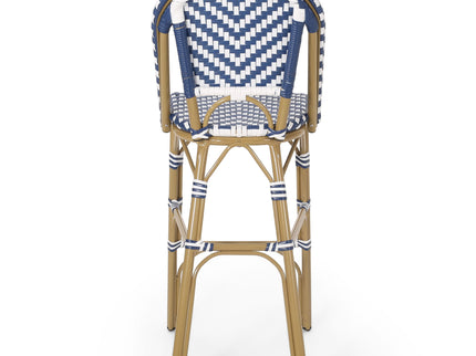 Outdoor Rattan French Barstool Set,, Bamboo, Seat Height - Navy Blue / White
