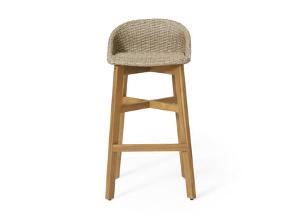Beeson - Outdoor Wicker And Acacia Wood Barstools Set, Water Resistant - Brown