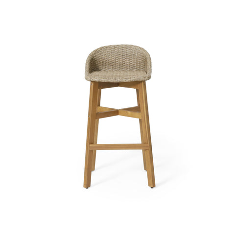 Beeson - Outdoor Wicker And Acacia Wood Barstools Set, Water Resistant - Brown