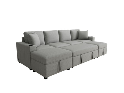 Sectional Sofa Convertible Pull-Out Bed With Storage Ottoman & USB Ports