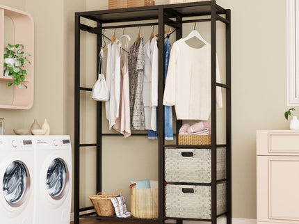 Garment Rack With Shelves, 2 Wicker Drawers, 4 Hooks, Organizer