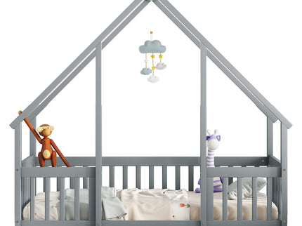 Wood House-Shaped Floor Bed With Fence, Guardrails